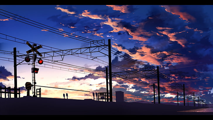 знак пересечения поезда, аниме, железнодорожная станция, линии электропередач, облака, светофоры, железнодорожный переезд, вспомогательный столб, произведения искусства, HD обои