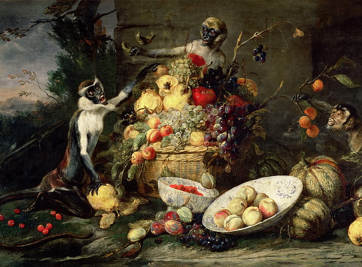 lukisan monyet, frans snyders, monyet mencuri buah, gambar, barok, pemancing, Wallpaper HD