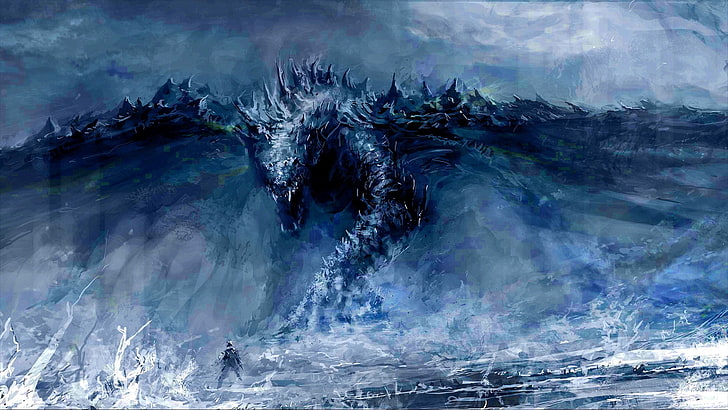 иллюстрация голубого дракона, дракон, искусство фантазии, произведение искусства, голубой, HD обои