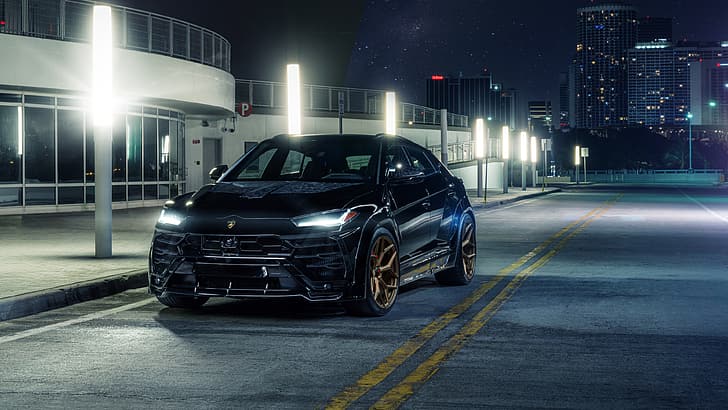Lamborghini Urus, автомобиль, автомобиль, внедорожник, ночь, уличный фонарь, улица, черные автомобили, HD обои