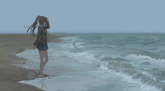 海岸に立っている茶色の髪のアニメキャラクター壁紙、ビーチ、水、砂、スカート、リボン、ドキドキ文学クラブ、モニカ（ドキドキ文学クラブ）、アニメの女の子、 HDデスクトップの壁紙 HD wallpaper