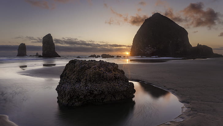 Beach Sunset Rocks Stones HD, natur, solnedgång, strand, stenar, stenar, HD tapet