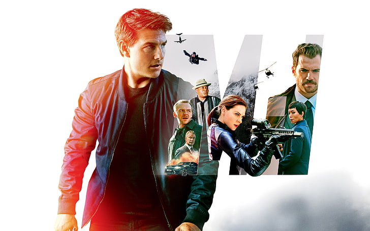 collage, white background, action, poster, Tom Cruise, characters, Simon Pegg, Henry Cavill, Ethan Hunt, Wing Rams, Ving Rhames, Alec Baldwin, Rebecca Ferguson, Angela Bassett, Mission: Impossible - Fallout, Mission: impossible-the Consequences, HD wallpaper