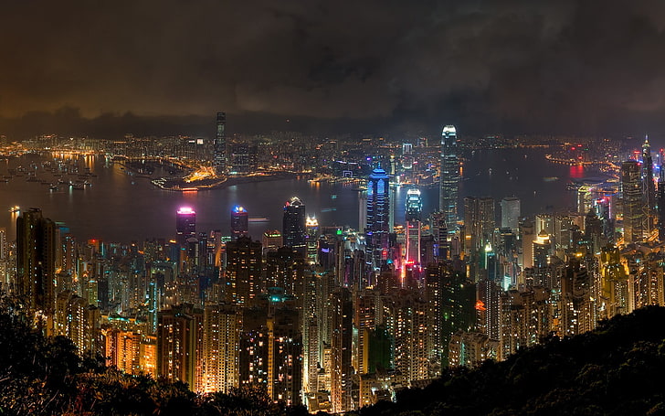 wieżowce, miasto, pejzaż miejski, Hongkong, Chiny, noc, Tapety HD