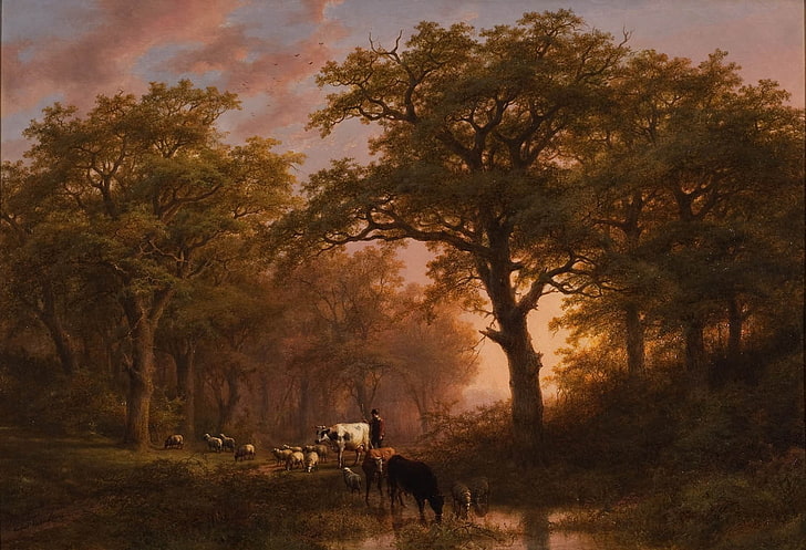 painting, forest, cow, trees, sheep, classic art, HD wallpaper