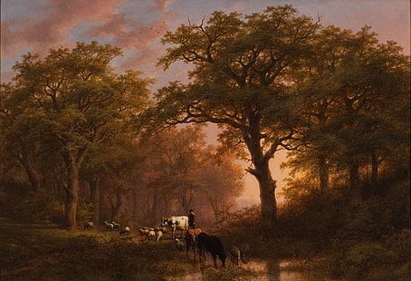lukisan, hutan, sapi, pohon, domba, seni klasik, Wallpaper HD HD wallpaper