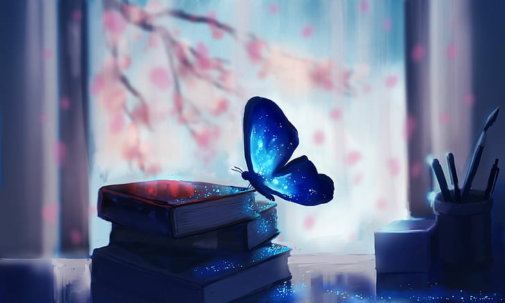 бабочка, стол, книги, жизнь странная, HD обои