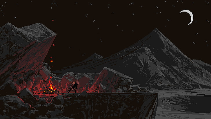 sfondo di fuoco da campo, montagna rocciosa nera, pixel art, fuoco, Luna, Il peccato dell'uomo, roccia, pixel, montagne, arte digitale, notte, stelle, Noah Bradley, Sfondo HD