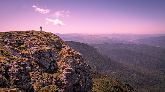 photo of a person on top of a green mountain, Ceahlau, Romania, Travel photography, person, on top, green mountain, mountain  view, trees, hike, silhouette, landscape, nature, mountains, park, outdoor, woman, national, Neamț, mountain, mountain Peak, sunset, outdoors, sky, rock - Object, sunrise - Dawn, HD wallpaper HD wallpaper