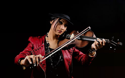 Червена рокля азиатско момиче, цигулка, музика, черен фон, кафява цигулка, червено, рокля, азиатско, момиче, цигулка, музика, черно, фон, HD тапет HD wallpaper