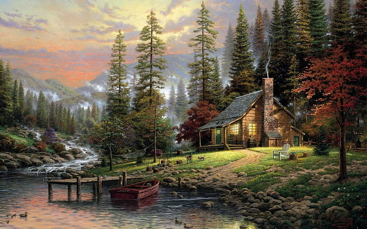 artwork, boat, Cabin, clouds, dog, forest, house, landscape, mist, mountains, nature, painting, pier, river, Stones, sunset, Thomas Kinkade, Trees, HD wallpaper