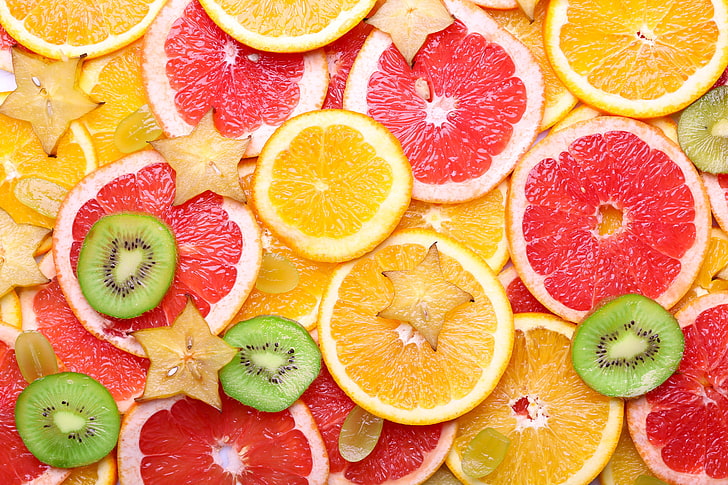 ผลไม้สีส้มและกีวี, ส้ม, เนื้อ, กีวี, องุ่น, ผลไม้, ส้ม, ชิ้น, ส้มโอ, มะเฟือง, วอลล์เปเปอร์ HD