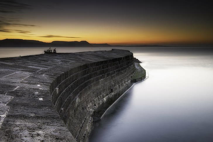concrete wall at body of water during golden hour, Cobb, concrete, wall, body of water, golden hour, andi, com, campbell, jones, clouds, lyme regis, photography, sunrise, long exposure, dorset, sea, sunset, nature, water, landscape, HD wallpaper
