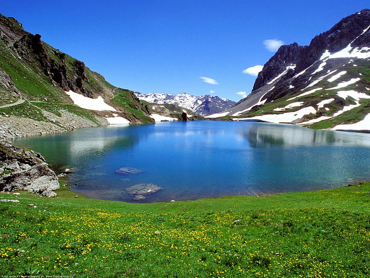 lake, water, mountains, spring, nature, landscape, HD wallpaper