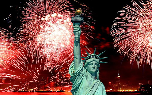 Статуята на свободата и празника на 4 юли фойерверки Hd тапети за десктоп за мобилни телефони и компютър 3840 × 2400, HD тапет HD wallpaper