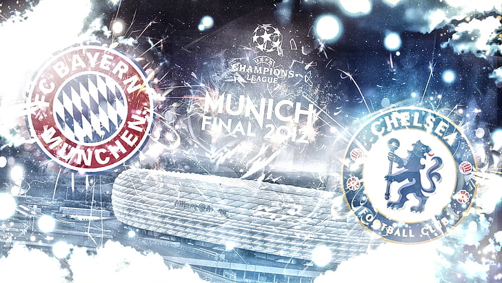 Cartaz final de Munique de 2012, Bayern, estádio, emblemas, Chelsea, Liga dos Campeões, Allianz Arena, Final de 2012, Campeões da liga, Final de 2012, HD papel de parede
