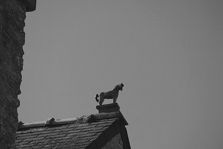 estátua antiga, cheval, maison antiga, noir et blanc, estátua, toits, HD papel de parede
