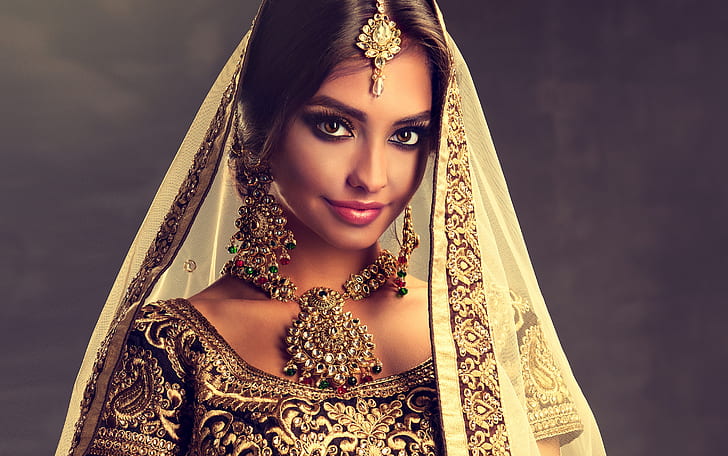 ragazza, stile, ritratto, decorazione, bella, donna, collana, indiano, abito, Sofia Zhuravets ', Sfondo HD