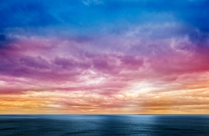 landscape photo of rainbow-colored clouds, Clouds, HDR, landscape, photo, colored, background, backdrop, cloud, overcast, sea, ocean  water, scape, waterscape, cloudscape, nature, natural, scene, scenery, scenic, wide  angle, wide-angle, straight  line, weather, coast, coastal, coastline, shore, shoreline, seascape, horizon, outdoors, beauty, beautiful, pretty, texture, textured, textural, contrast, high  dynamic  range, blue, cyan, purple  violet, magenta, pink, orange, yellow, white, black, glow, stock, resource, image, picture, photograph, res, quality, ca, cloud - Sky, sky, sunset, scenics, horizon Over Water, summer, dusk, water, HD wallpaper