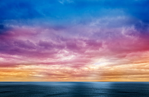 landscape photo of rainbow-colored clouds, Clouds, HDR, landscape, photo, colored, background, backdrop, cloud, overcast, sea, ocean  water, scape, waterscape, cloudscape, nature, natural, scene, scenery, scenic, wide  angle, wide-angle, straight  line, weather, coast, coastal, coastline, shore, shoreline, seascape, horizon, outdoors, beauty, beautiful, pretty, texture, textured, textural, contrast, high  dynamic  range, blue, cyan, purple  violet, magenta, pink, orange, yellow, white, black, glow, stock, resource, image, picture, photograph, res, quality, ca, cloud - Sky, sky, sunset, scenics, horizon Over Water, summer, dusk, water, HD wallpaper HD wallpaper