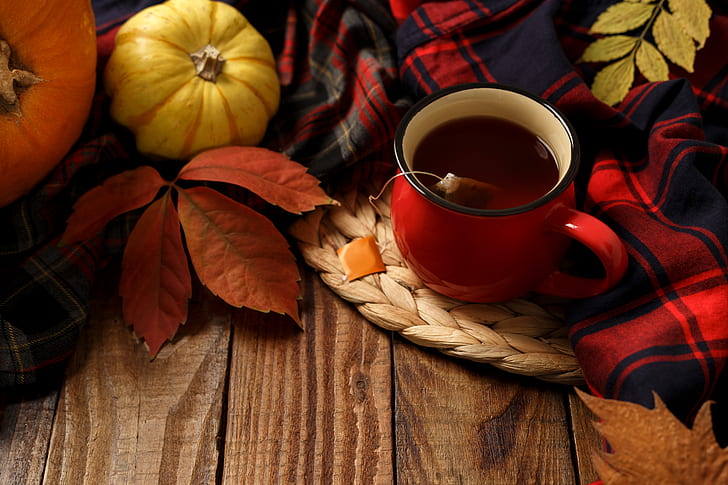 musim gugur, daun, latar belakang, papan, berwarna-warni, labu, maple, kayu, piala, teh, cangkir teh, Wallpaper HD