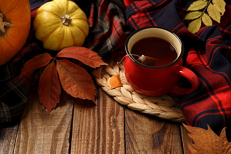 autumn, leaves, background, Board, colorful, pumpkin, maple, wood, cup, tea, Cup of tea, HD wallpaper HD wallpaper