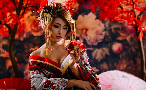 Japon kadın, kadın beyaz, kırmızı ve sarı çiçek kimono elbise, kızlar, çiçek, kız, güzel, insanlar, kadın, Japonya, Japonca, güzellik, modeli, Asya, geleneksel, kültür, lillian, HD masaüstü duvar kağıdı HD wallpaper