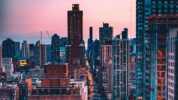 городские здания, архитектура, здание, город, городской пейзаж, США, Нью-Йорк, вечер, закат, небоскреб, улица, фонари, автомобиль, HD обои