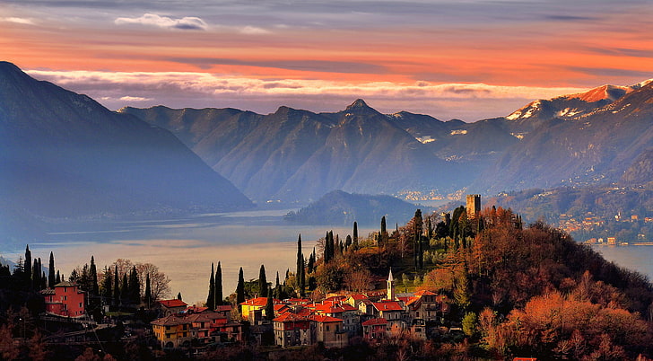 イタリア、コモ湖、ヴァレンナ、サモア、ビジオ、ペルレド、 HDデスクトップの壁紙