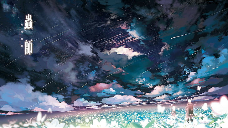 anime, cielo, mariposa, estrellas fugaces, nubes, Ginko (Mushishi), flores, Mushishi, Fondo de pantalla HD