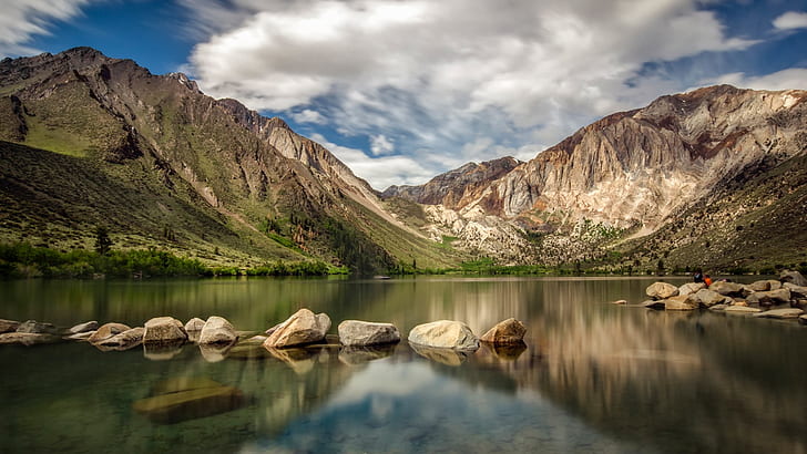 nature, landscape, clouds, rocks, trees, clear water, mountains, sky, long exposure, Convict Lake, California, USA, HD wallpaper