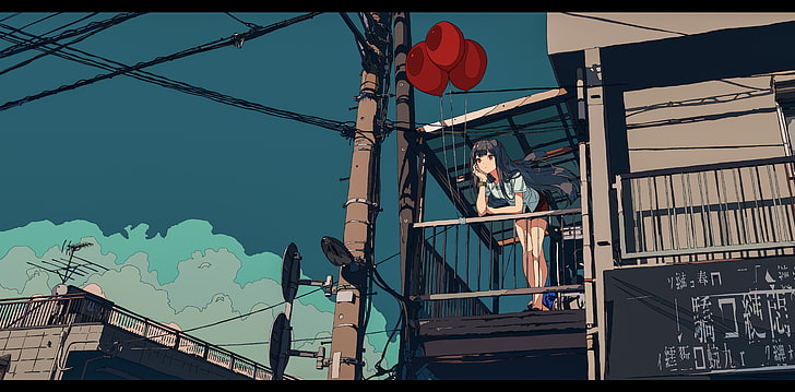 焦 茶, gadis anime, balon, rambut panjang, Wallpaper HD