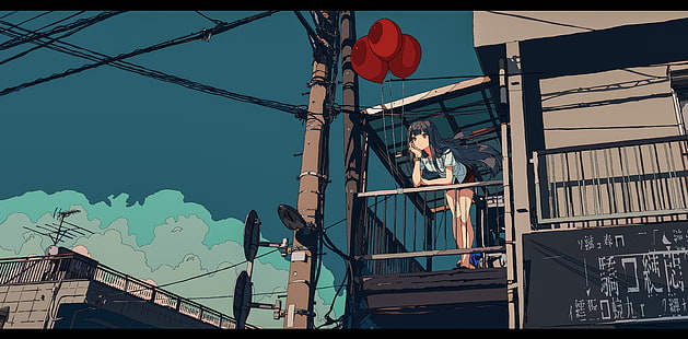焦茶, anime girls, balloon, long hair, HD wallpaper HD wallpaper