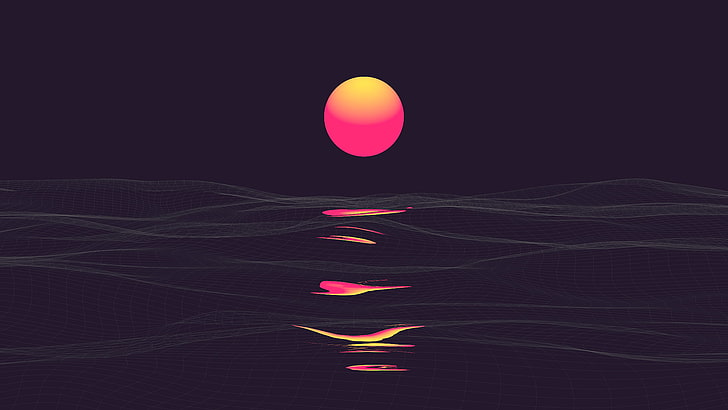 red and yellow moon digital wallpaper, orange and red sun illustration, landscape, abstract, vaporwave, purple background, Retrowave, sunrise, sea, clear sky, sky, pink, digital art, HD wallpaper