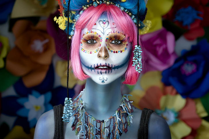 look, girl, face, hair, paint, day of the dead, HD wallpaper