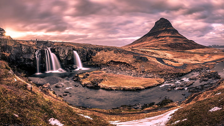 waterfalls under cloudy sky, iceland, iceland, Sunset, Kirkjufell, Iceland, Travel photography, cloudy, sky, landscape, nature, water, sun  river, mountain, waterfall, clouds, portfolio, HD wallpaper