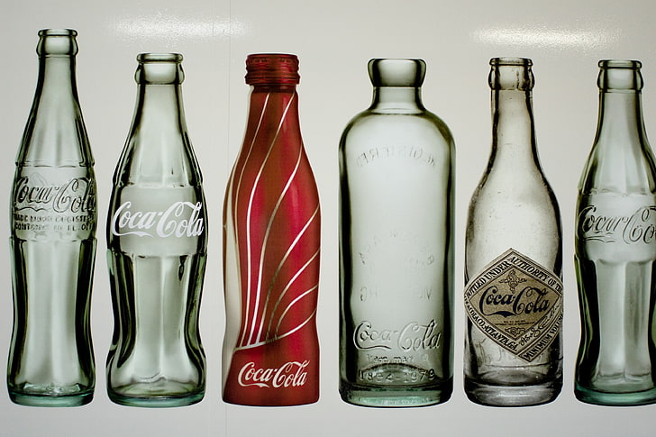 زجاجات زجاجية شفافة ، كوكاكولا ، زجاجات، خلفية HD