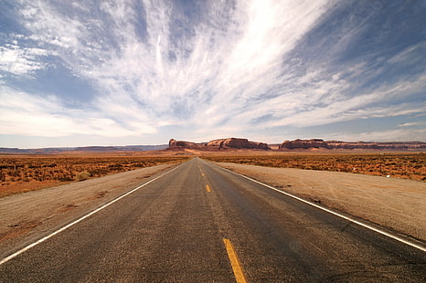 asphalt road in the middle of the desert under white clouds and blue sky during daytime, Distance, middle, white clouds, blue sky, daytime, Arizona, Road, Infinity, Vanishing Point, Point  Clouds, Sky, Colours, Desert, Navajo, America, USA, AZ, Monument Valley, Rock, Orange, Asphalt, Winner, Beautiful, Impressive, United States, Konica  Minolta  5D, Highway, South West, West  Road, Road Trip, Vast, Open, Red, Isolated, Nostalgia, landscape, nature, travel, utah, southwest USA, scenics, no People, mountain, outdoors, rock - Object, mesa, dry, HD wallpaper HD wallpaper