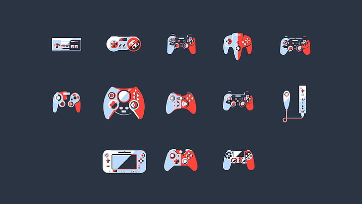 white-and-red game controller lot collage, Nintendo game controller icons, video games, controllers, simple background, PlayStation, Xbox, Nintendo Entertainment System, minimalism, Dreamcast, SNES, N64, GameCube, HD wallpaper