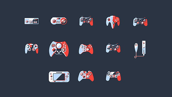 white-and-red game controller lot collage, Nintendo game controller icons, video games, controllers, simple background, PlayStation, Xbox, Nintendo Entertainment System, minimalism, Dreamcast, SNES, N64, GameCube, HD wallpaper HD wallpaper