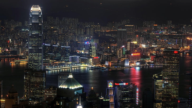área metropolitana, paisaje urbano, ciudad, noche, puerto victoria, metrópoli, hong kong, rascacielos, horizonte, bloque de pisos, centro, cielo, torre, Fondo de pantalla HD