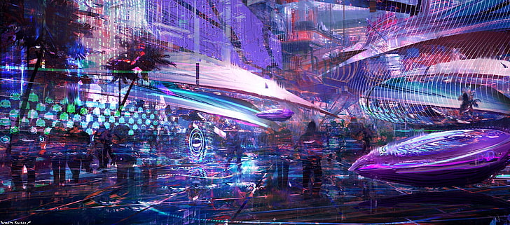 pintura abstracta púrpura y verde, obras de arte, arte digital, ciudad, futurista, cyberpunk, automóvil, Fondo de pantalla HD