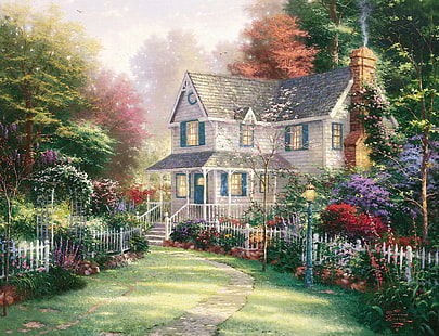 maison avec papier peint jardin de fleurs, été, maison, jardin, peinture, cottage, Thomas Kinkade, Victorian Garden II, Fond d'écran HD HD wallpaper