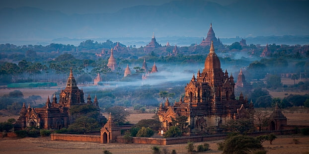 панорамы, утро, буддизм, храм, азиатская архитектура, природа, пейзаж, деревья, туман, HD обои HD wallpaper
