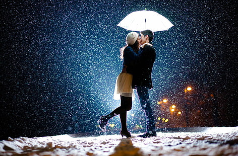 парень, пара, девушка, поцелуй, свет, любовь, ночь, романтика, снег, зонт, зима, HD обои HD wallpaper