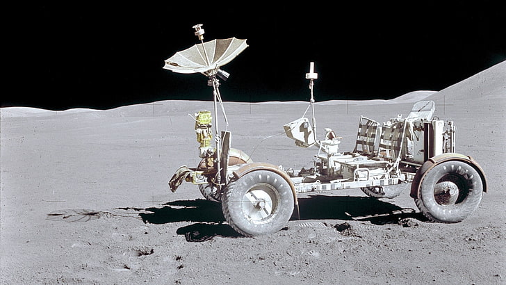 фотосигнал в сива скала на Луна, Луна, НАСА, Лунно марсоход, космос, превозно средство, HD тапет
