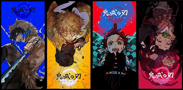 Anime, Şeytan Avcısı: Kimetsu no Yaiba, Inosuke Hashibira, Nezuko Kamado, Tanjirou Kamado, Zenitsu Agatsuma, HD masaüstü duvar kağıdı HD wallpaper