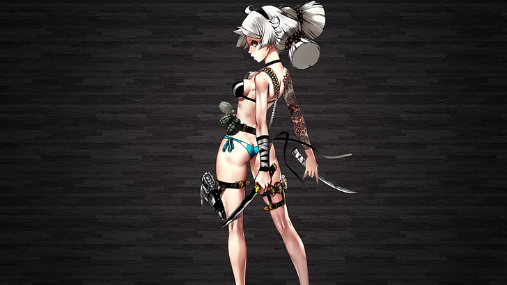 женский ассасин аниме персонаж обои, бикини, белые волосы, нож, гранаты, аниме девушки, HD обои