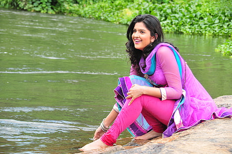 abito da donna viola e rosa salwar, attrice, deeksha, indiano, saree, seth, Sfondo HD HD wallpaper