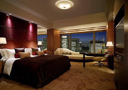 brun säng täcke, design, staden, komfort, stil, rum, byggnaden, interiör, fönster, lägenhet, säng. sovrum, HD tapet HD wallpaper